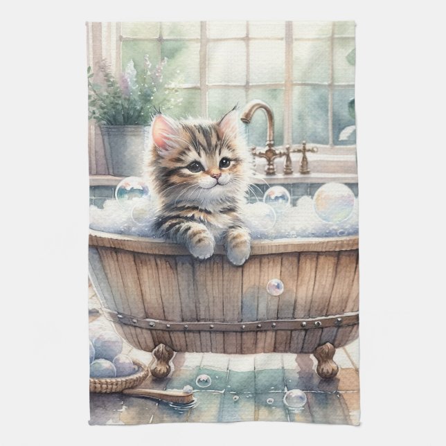 Cute Bubbly Kitten Bath Time  Tea Towel (Vertical)