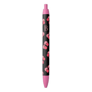 Cute Bubbly Pink Butterflies Monogram Black Ink Pen