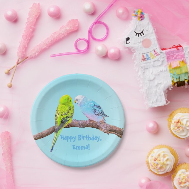 Cute budgie couple - personalizable paper plate (Party)