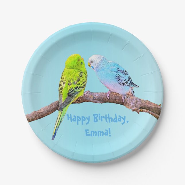 Cute budgie couple - personalizable paper plate (Front)