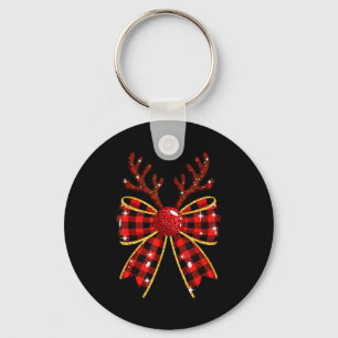 Cute Buffalo Plaid Coquette Bow Reindeer Christmas Key Ring
