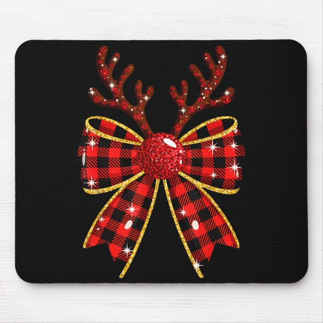 Cute Buffalo Plaid Coquette Bow Reindeer Christmas Mouse Mat (Front)