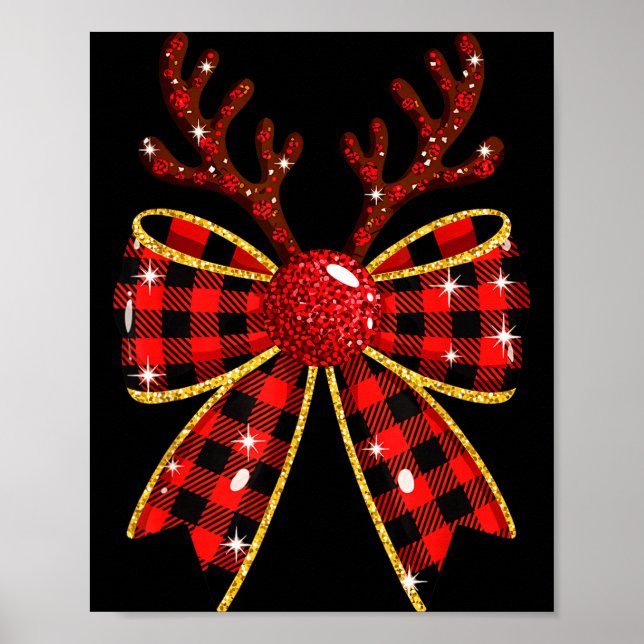 Cute Buffalo Plaid Coquette Bow Reindeer Christmas Poster (Front)