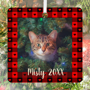 Cute Buffalo Plaid Hearts Custom Cat Pet Christmas Metal Tree Decoration
