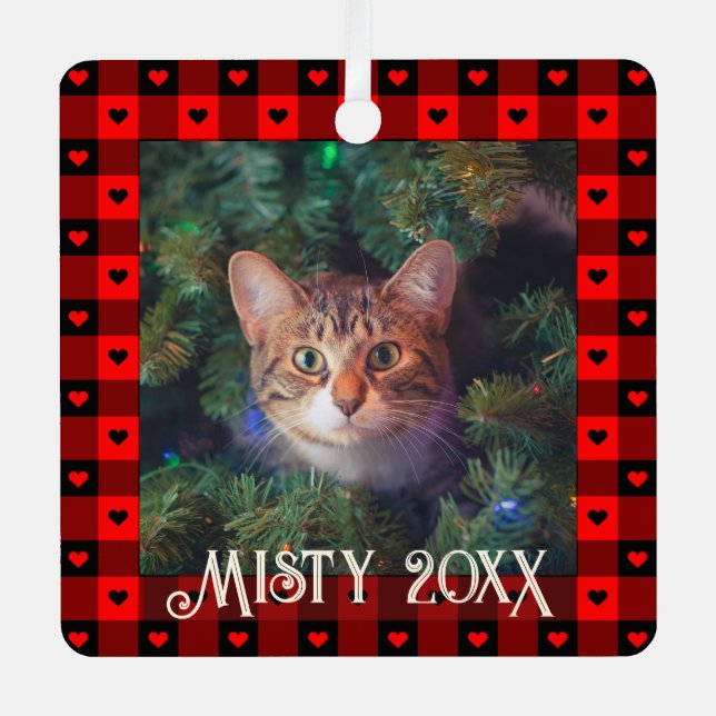 Cute Buffalo Plaid Hearts Custom Cat Pet Christmas Metal Tree Decoration (Front)