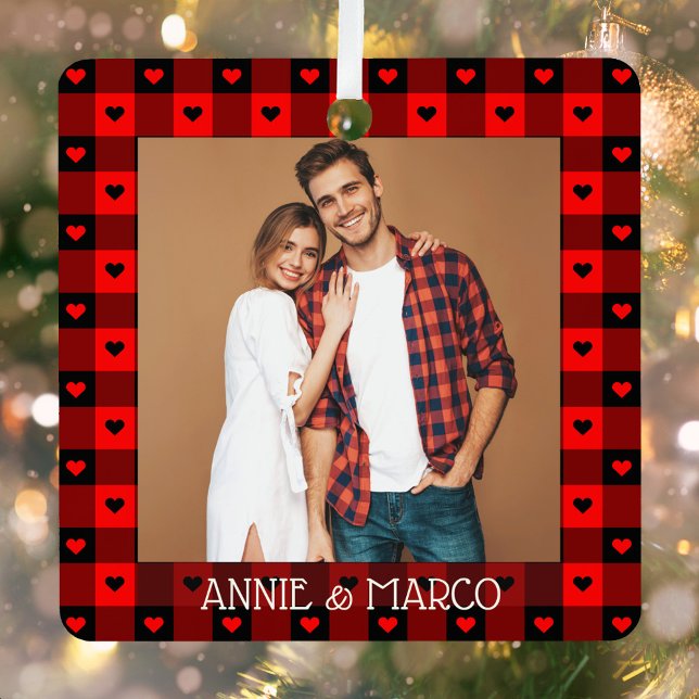 Cute Buffalo Plaid Hearts Custom Couple Christmas Metal Tree Decoration (Creator Uploaded)