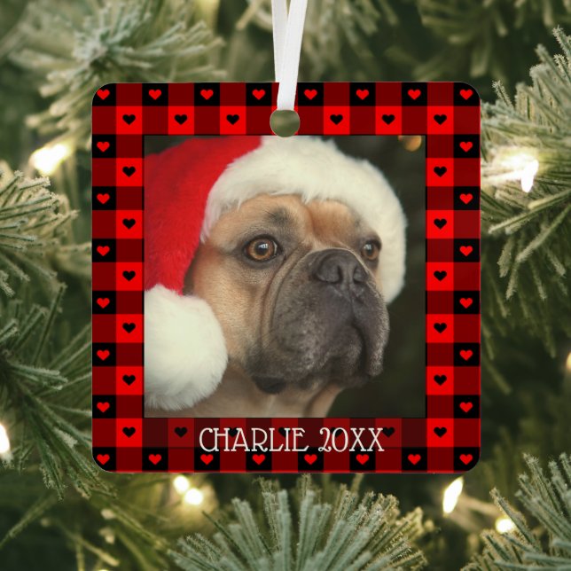 Cute Buffalo Plaid Hearts Custom Dog Pet Christmas Metal Tree Decoration (Insitu)