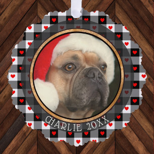 Cute Buffalo Plaid Hearts Custom Dog Pet Christmas Tree Decoration Card