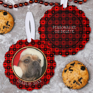Cute Buffalo Plaid Hearts Custom Dog Pet Christmas Tree Decoration Card