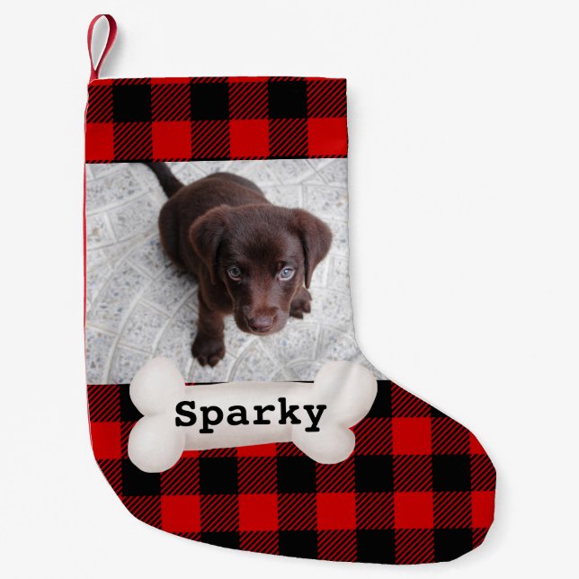 Cute Buffalo Plaid Pet Dog Photo Custom Small Christmas Stocking (Front)