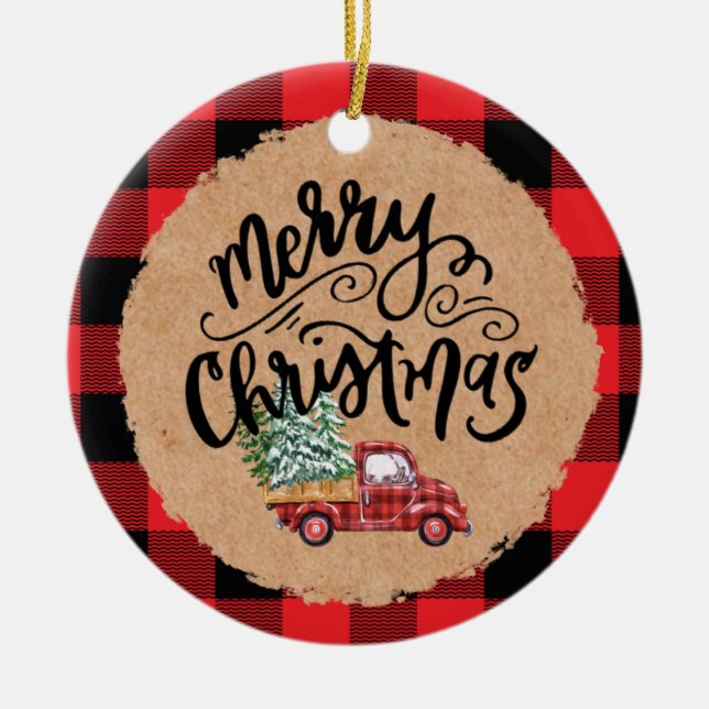 Cute Buffalo Plaid Truck Christmas Ornament (Front)