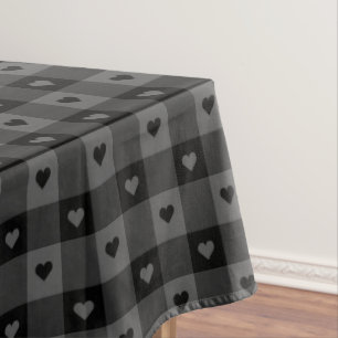 Cute Buffalo Plaid With Hearts Black Grey Rustic Tablecloth