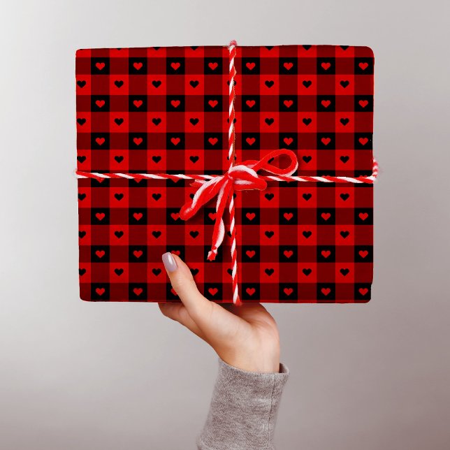 Cute Buffalo Plaid With Hearts Red Girly Christmas Wrapping Paper (Creator Uploaded)