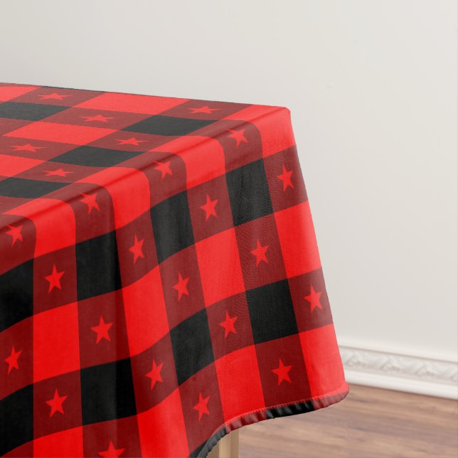 Cute Buffalo Plaid With Stars Black & Red Rustic Tablecloth (In Situ)