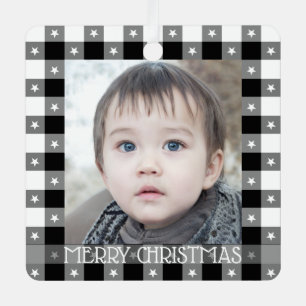 Cute Buffalo Plaid With Stars Custom Name & Photo  Metal Tree Decoration