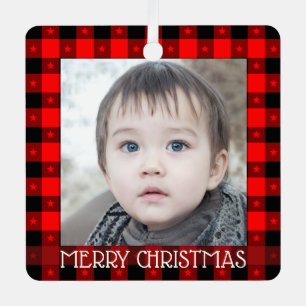 Cute Buffalo Plaid With Stars Custom Name & Photo  Metal Tree Decoration
