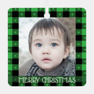 Cute Buffalo Plaid With Stars Custom Name & Photo  Metal Tree Decoration