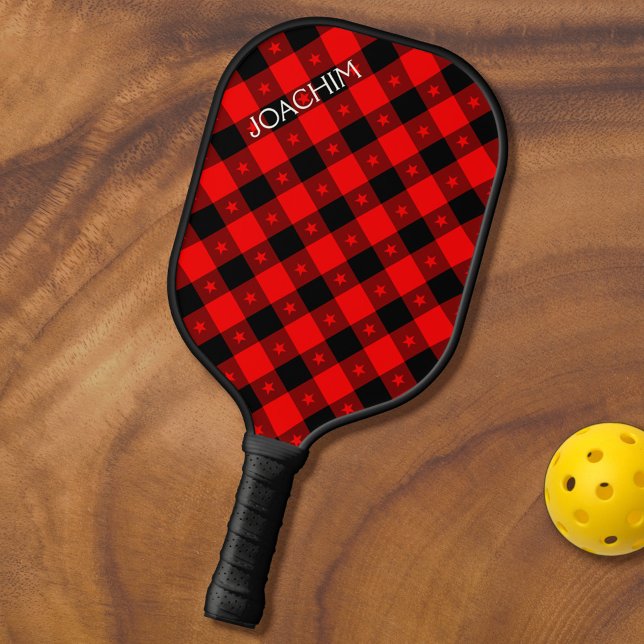  Cute Buffalo Plaid With Stars Name To Personalise Pickleball Paddle (Creator Uploaded)