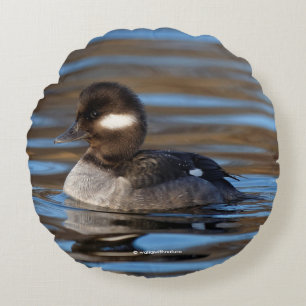 Cute Bufflehead Duck on Sunlit Waters Round Cushion