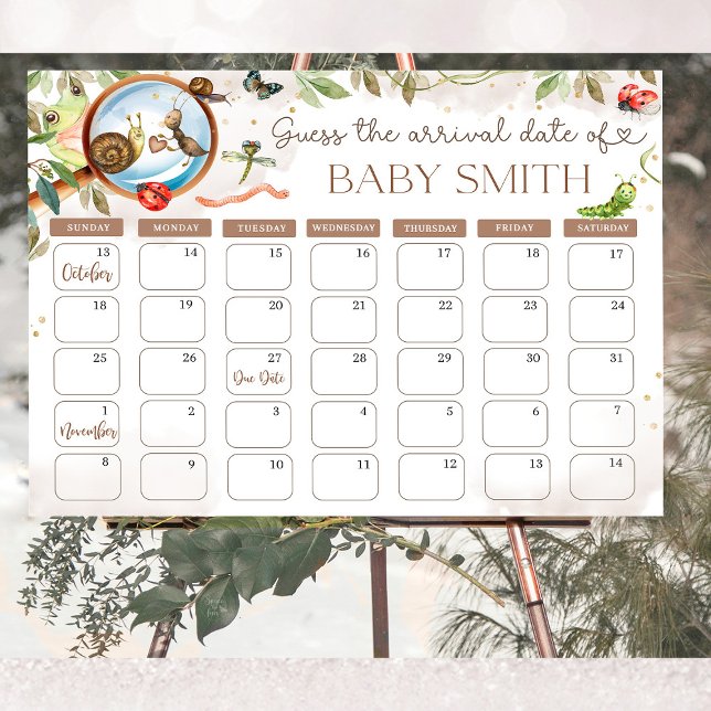 Cute Bug & Caterpillar Baby Shower guess date  Poster (Whimsical bug and caterpillar baby shower invitations! Adorable woodland theme with ladybugs, bees, )