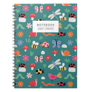 Cute Bug Pattern Notebook in Teal