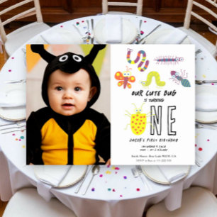 Cute Bug Worm Buttefly Kids 1st Birthday Party Invitation
