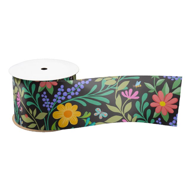 Cute Bugs Funny Girly Floral Spring Summer Pattern Satin Ribbon (Spool)