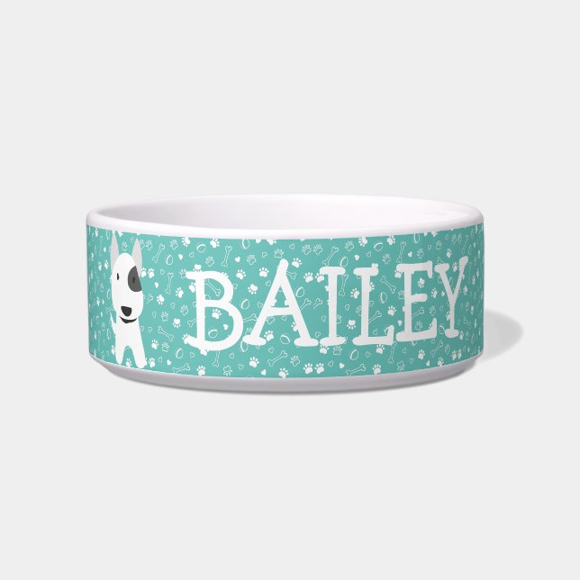 Cute Bull Terrier Dog Customisable Name Bowl (Front)