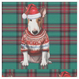Cute Bull Terrier Dog Holiday Plaid Christmas Fabric