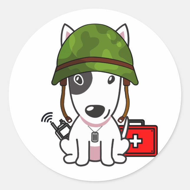 Cute Bull Terrier Dog Wearing army helmet Classic Round Sticker (Front)