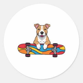 Cute Bull Terrier on a Skateboard Classic Round Sticker