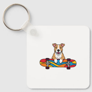 Cute Bull Terrier on a Skateboard Key Ring