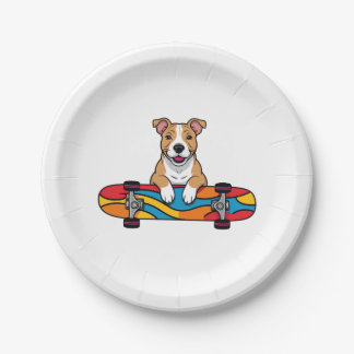 Cute Bull Terrier on a Skateboard Paper Plate