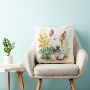 CUTE BULL TERRIER PUPPY DOG WITH WILDFLOWERS CUSHION