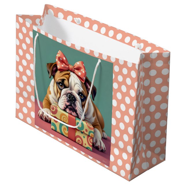 Cute Bulldog Birthday Polka Dot Large Gift Bag (Front Angled)