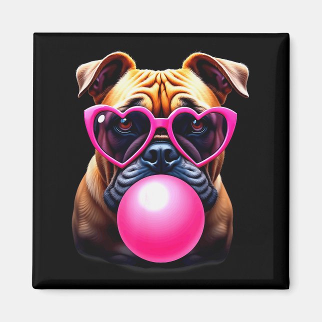 Cute Bulldog Blowing Bubble Gum  Magnet (Front)