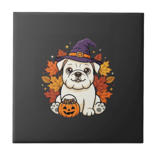 Cute Bulldog Halloween Pumpkin Dog Design_1 Tile