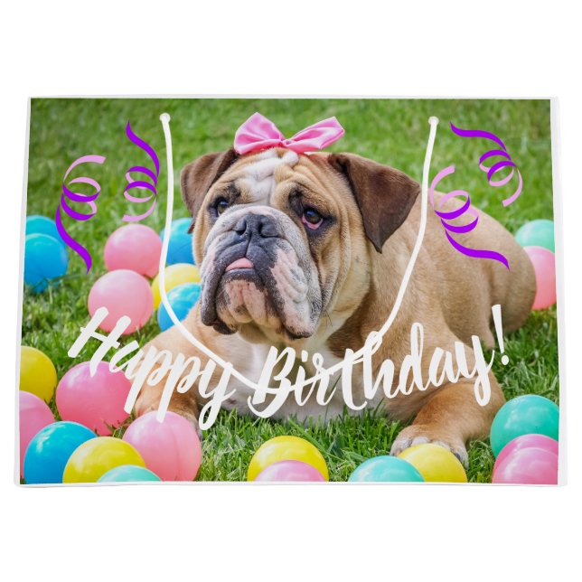 Cute Bulldog Happy Birthday Large Gift Bag (Front)