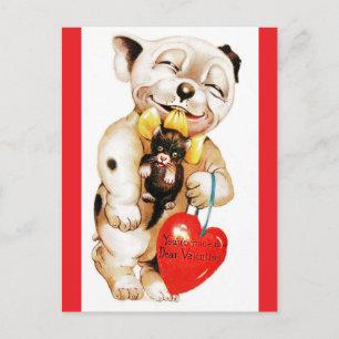 Cute Bulldog & Kitten Vintage Valentine Postcard