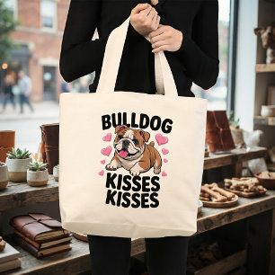 Cute Bulldog Mum Puppy Kisses Pink Heart Dog Lover Large Tote Bag