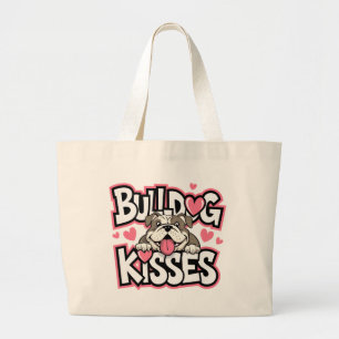 Cute Bulldog Mum Puppy Kisses Pink Heart Dog Lover Large Tote Bag