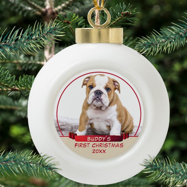 Cute Bulldog Puppy 1st Christmas Pet Photo Ceramic Ball Christmas Ornament (Creator Uploaded)