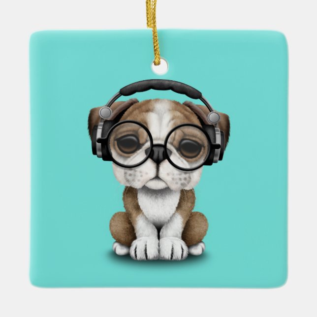 Cute Bulldog Puppy Dj Wearing Headphones Ceramic Tree Decoration (Front)
