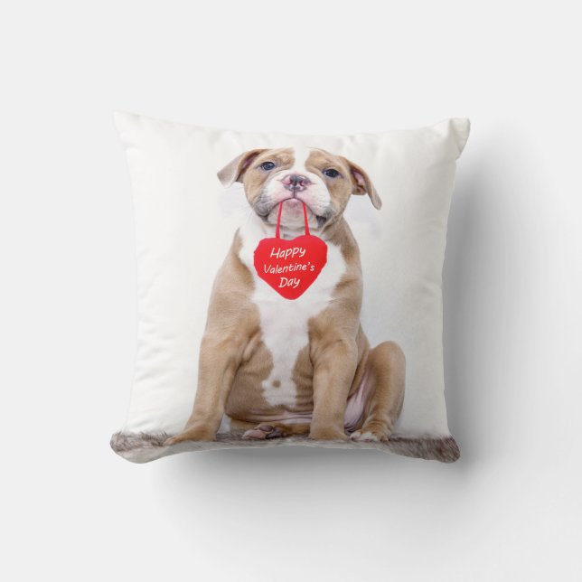 Cute Bulldog Puppy Happy Valentine's Day Pillow (Front)