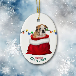 Cute Bulldog Puppy in Holiday Gift Bag Ceramic Tree Decoration