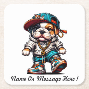 Cute Bulldog Puppy in Streetwear Square Paper Coaster