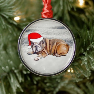 Cute Bulldog Puppy in the Snow Metal Tree Decoration