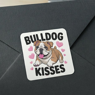 Cute Bulldog Puppy Kisses Pink Heart Dog Mum Love Square Sticker