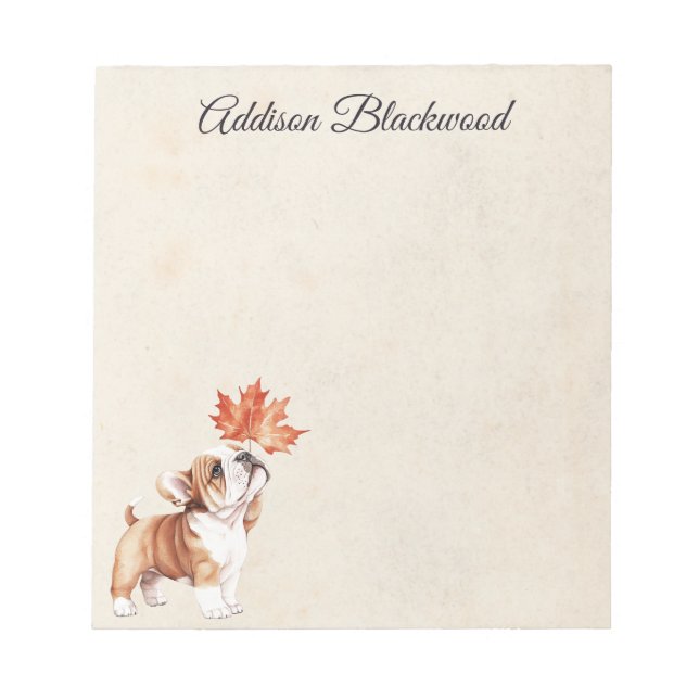 Cute Bulldog Puppy with a Fall Leaf Personalised Notepad (Front)