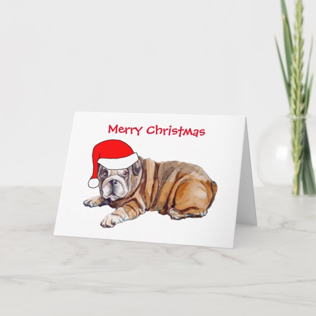 Cute Bulldog Santa Hat Christmas Holiday Card (Front)